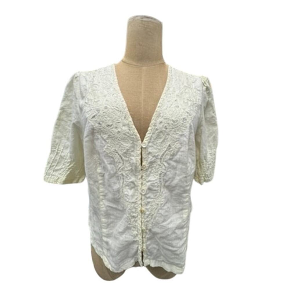"FREE PEOPLE" Embroidered Runched Detail Elastic Back B/U Top SZ S Puff Sleeve